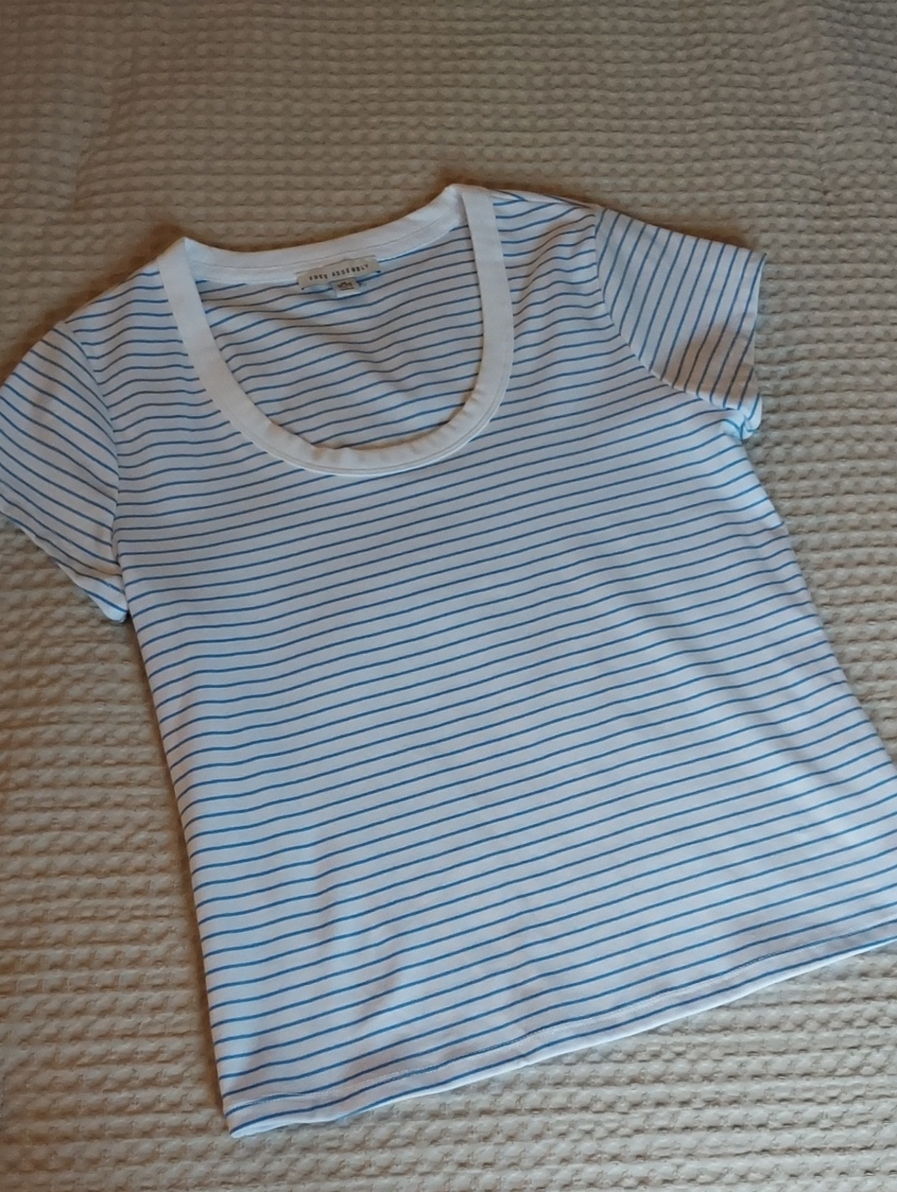 White & Light Blue Striped Scoop Neck Short Sleeve Tee - Petite Sophisticate